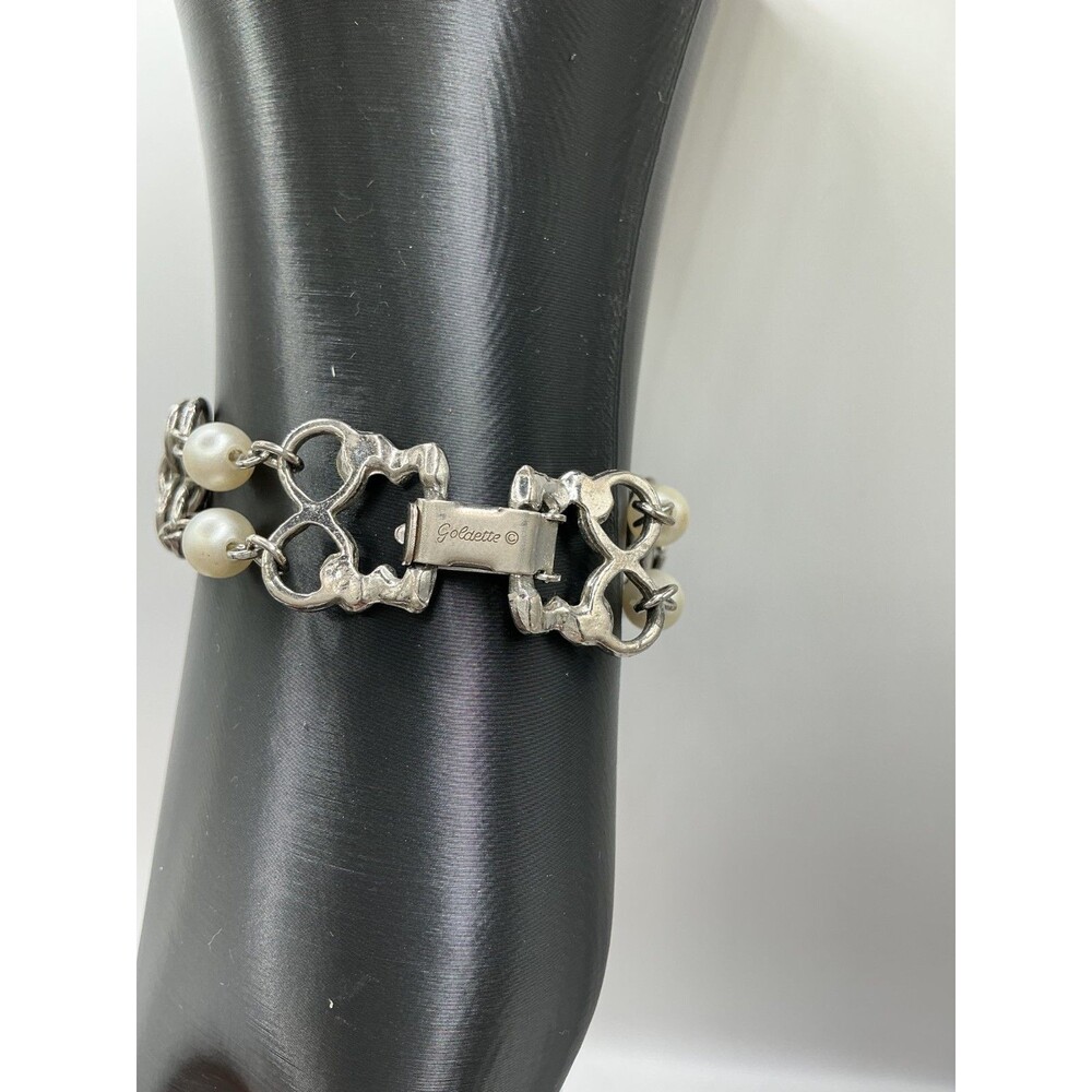 RARE Vintage Goldette NY Chain Bracelet Faux Pearls Silver Tone